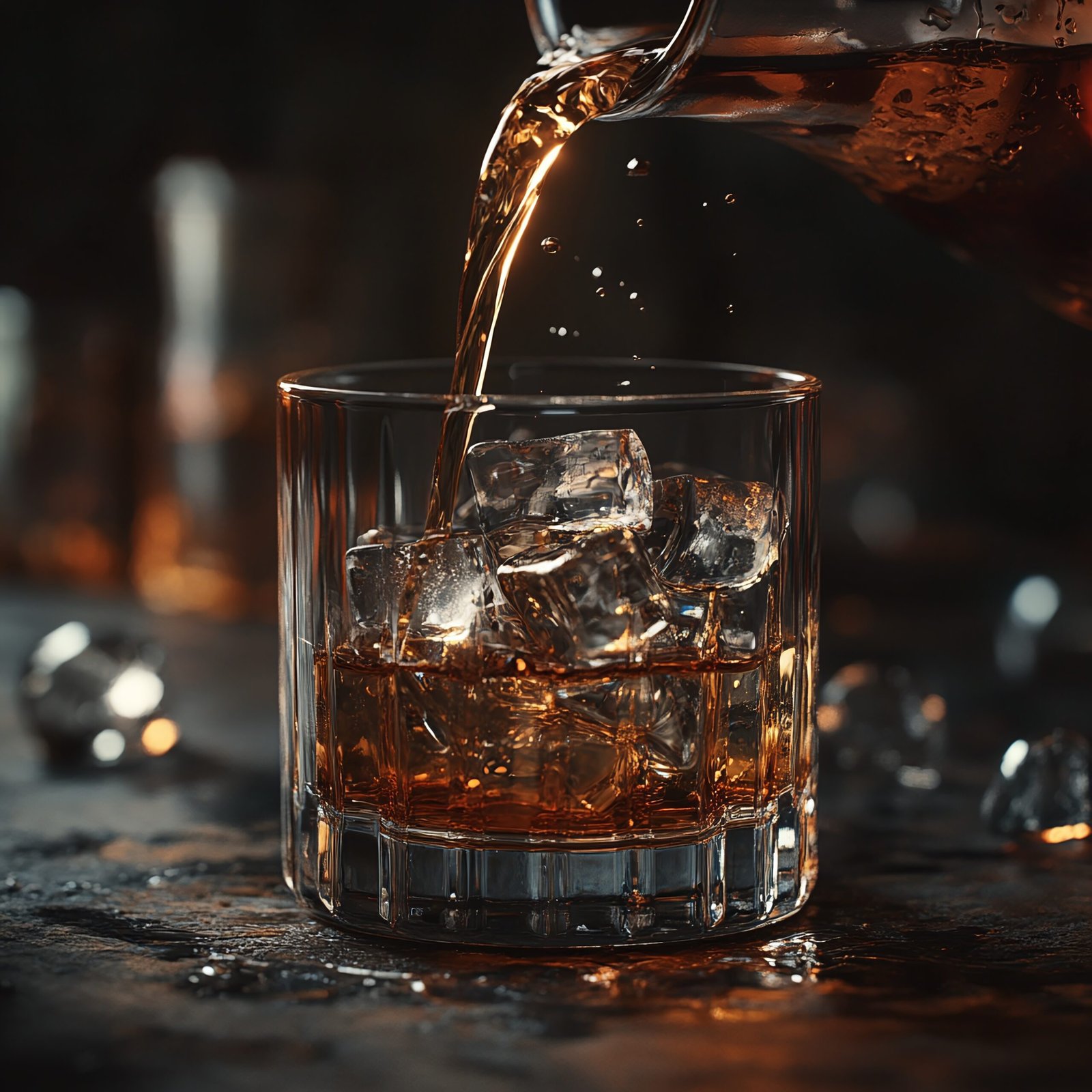 glass-whiskey-is-poured-into-glass-with-ice-cubes